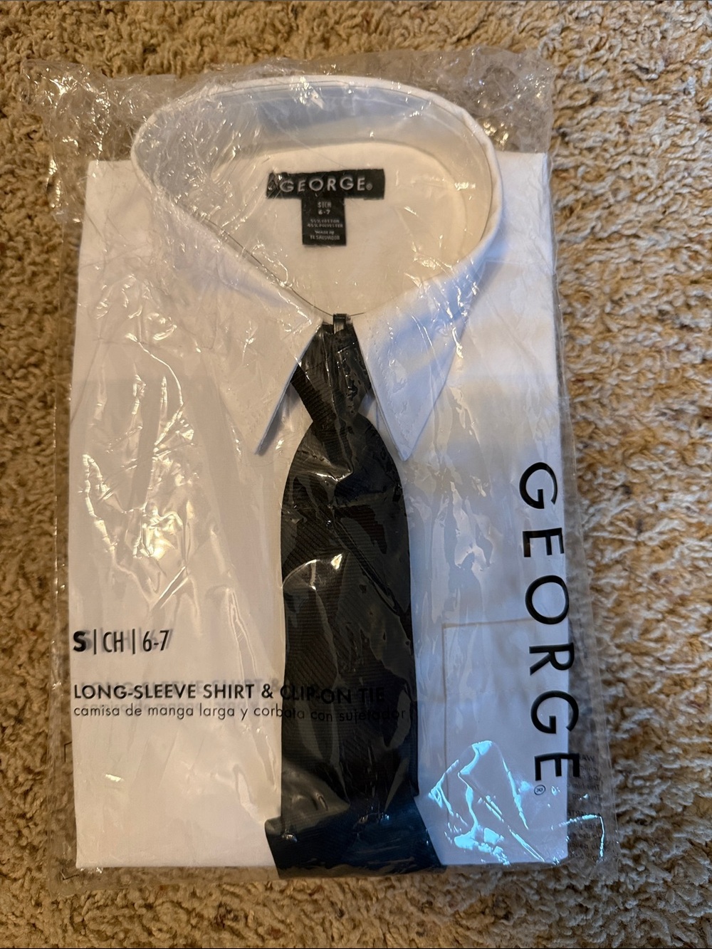 George White Long-Sleeve Dress Shirt with Black Clip-On Tie